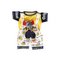 Kids Boys Dungaree Dress - Cotton, Short Sleeves, Yellow And White, Printed | Washable, Modern Style