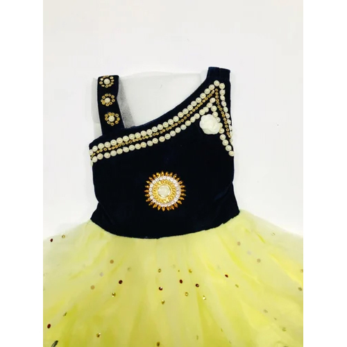 Kids Girl Yellow Frock - Cotton Blend 1 Year Fancy Pattern | Washable Sleeveless Design Perfect for Party Wear