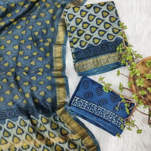 Pure Hand Block Ajrakh Printed Unstitched Suit Application: Women Material