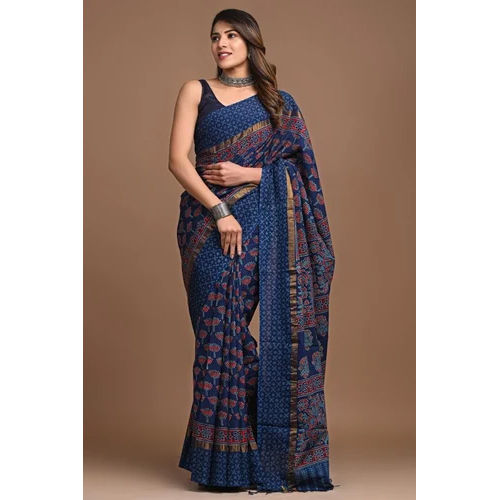 Blue Asssam Silk Saree Hand Block Printed Saree