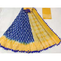 Blue Printed Cotton Mulmul Saree