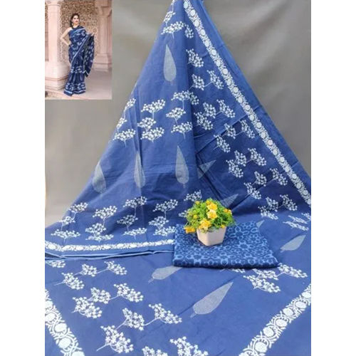 Blue Hand Block Indigo Printed Cotton Mulmul Saree