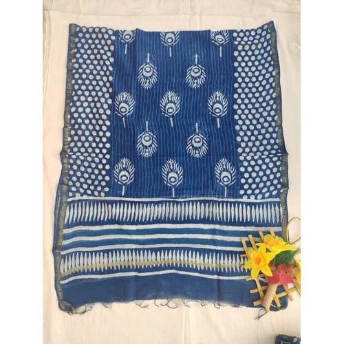 Blue Hand Block Indigo Print Chanderi Silk Dupatta