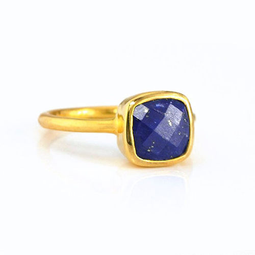 Lapis Lazuli Cushion Shape Sterling Silver Gold Vermeil Ring Size: 10mm