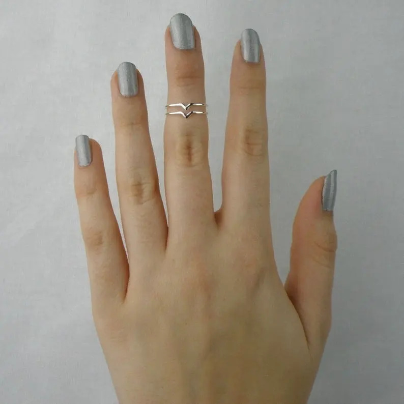 925 Sterling Silver Handmade Attractive Two V Design Midi Boho Style Stacking Band Statement Silver Ring