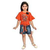 Girls Fancy Top And Skirt - Cotton Denim, Red-Blue, Age 1-7 Years | Breathable, Washable, Printed Pattern, Modern Style, Short Sleeves, Summer Wear