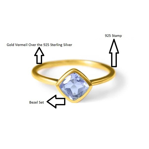 Blue Topaz Quartz Gemstone Cushion Shape Gold Vermeil 8mm Rings