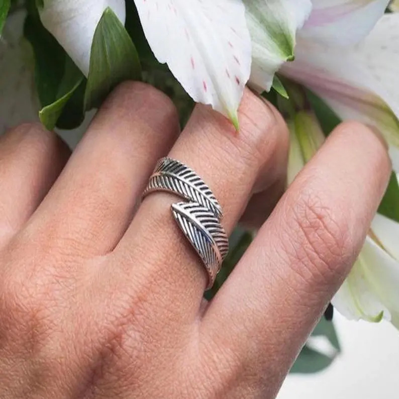 925 Sterling Silver Handmade Adjustable Leaf Band Statement Silver Ring