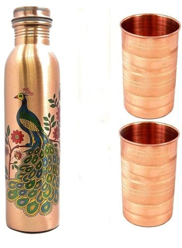 Printed Peacock Design Copper Bottle