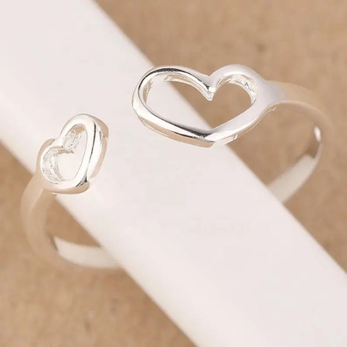 925 Sterling Silver Handmade Beautiful Adjustable Cut Out Two Heart Wrap Around Band