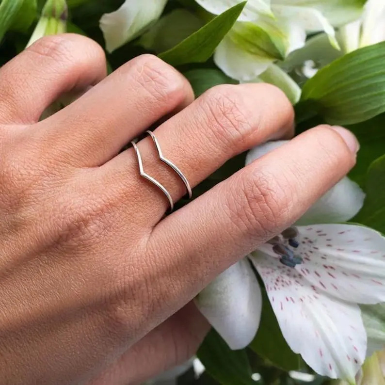 925 Sterling Silver Handmade Unique Adjustable Dual V Band Statement Silver Ring