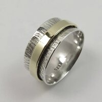 925 Sterling Silver Golden Two Tone spinner Wide Hammered Band Ring