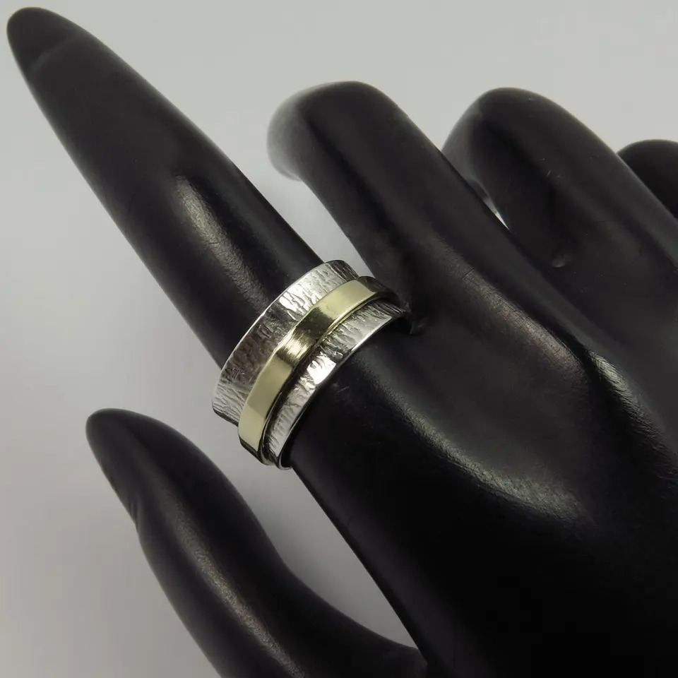 925 Sterling Silver Golden Two Tone spinner Wide Hammered Band Ring