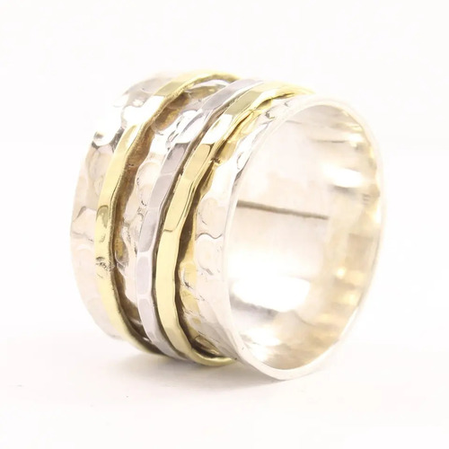 925 Sterling Silver Unique Two Tone spinner Wide Hammered Silver Band Ring