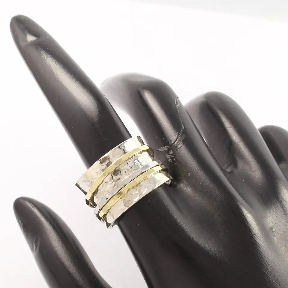 925 Sterling Silver Unique Two Tone spinner Wide Hammered Silver Band Ring