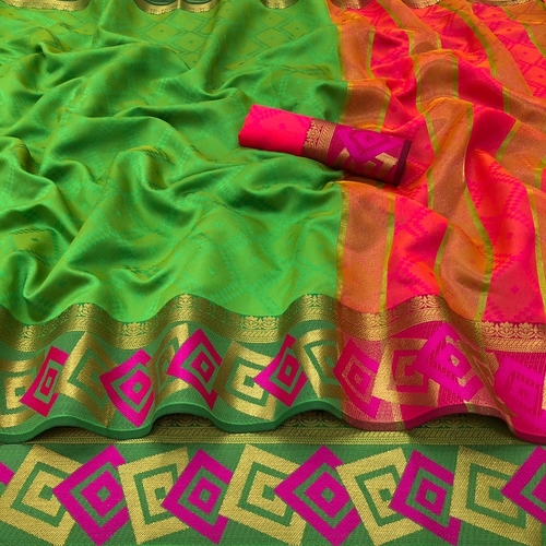 Janki Saree - Soft Lichi Silk With Zari Weaving Green Color Suitable For Rainy And Summer Seasons Includes Running Contrast Designer Jacquard Blouse