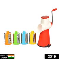 Rotary Drum Vegetable Fruit Cutter(2319) - Plastic, 16x16x30 Cm | 4 Detachable Blades, 4 In 1 Manual Grater Slicer Cutter, Mix Color