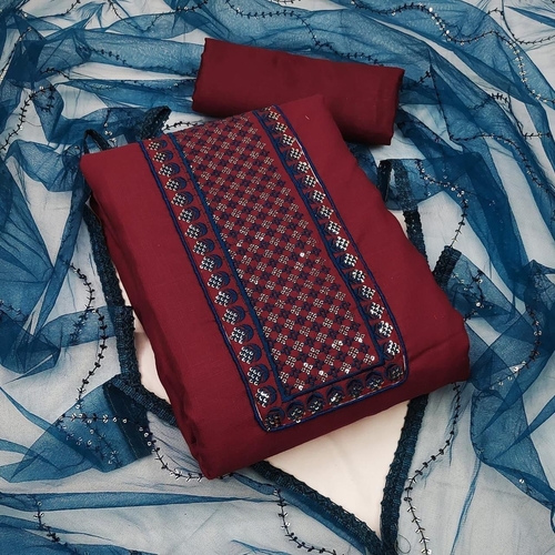 Ami Maroon Slub Cotton Dress Material