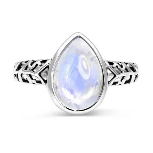 925 Sterling Silver Unique Rainbow Moonstone Pear Cabochon Carved Statement Silver Stone Ring Gender: Women