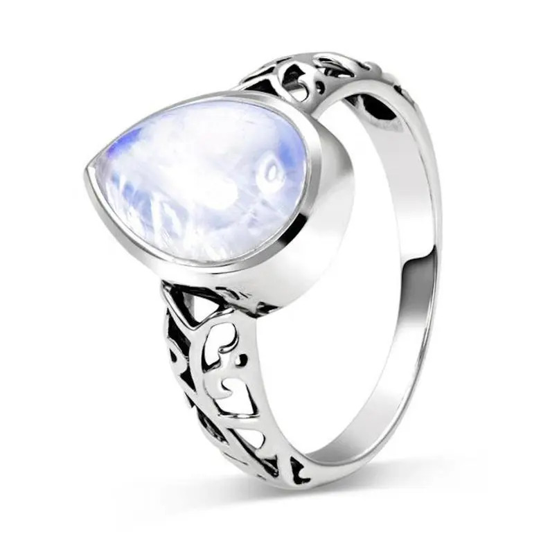 925 Sterling Silver Unique Rainbow Moonstone Pear Cabochon Carved Statement Silver Stone Ring