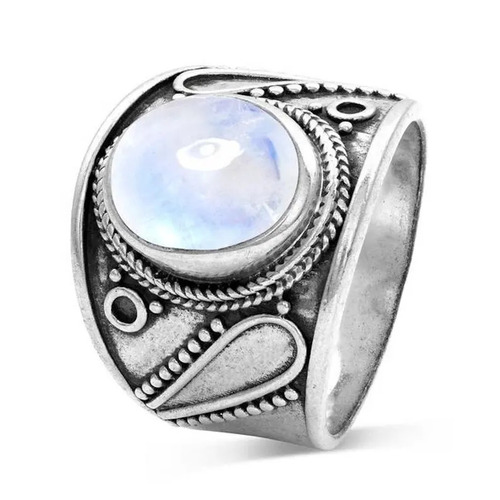 925 Sterling Silver Rainbow Moonstone Oval Cabochon Wide Band