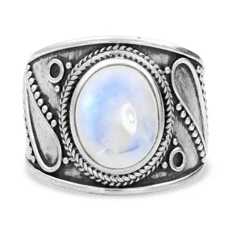 925 Sterling Silver Rainbow Moonstone Oval Cabochon Wide Band