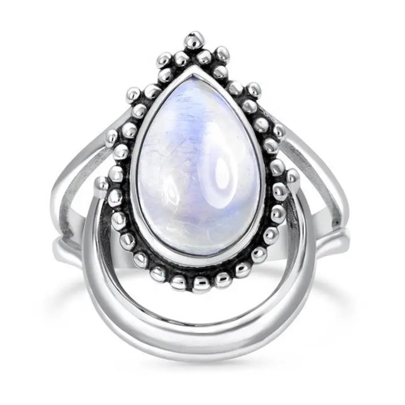 925 Sterling Silver Rainbow Moonstone Pear Cabochon Dual Band Statement Silver Gemstone Ring