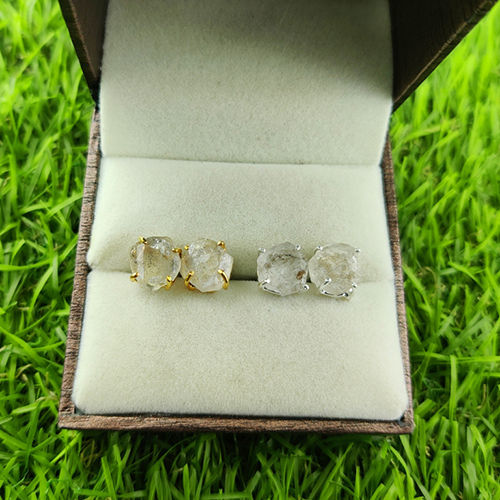 Herkimer Diamond Raw Birthstone Gold Vermeil Silver Prong Set Stud Earring