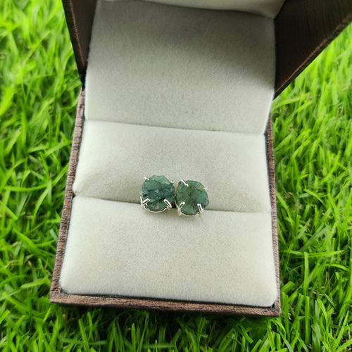 Emerald Raw Birthstone Gold Vermeil Silver Prong Set Stud Earring