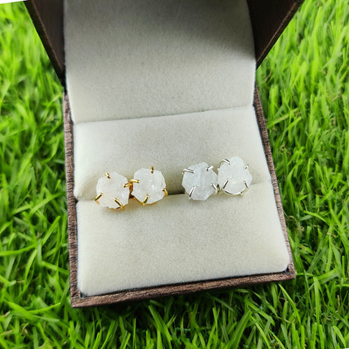 Rainbow Moonstone Raw Birthstone Gold Vermeil Silver Prong Set Stud Earring