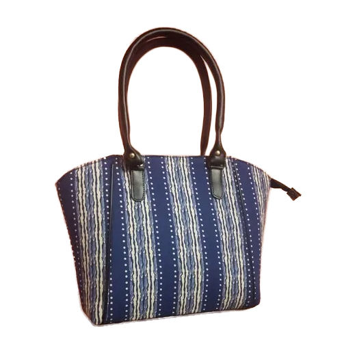 Blue-White-Brown Ladies Printed Zipper Hand Bag