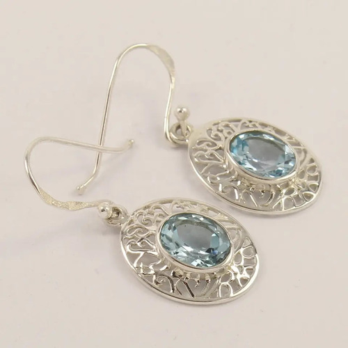 925 Sterling Silver Unique Blue Topaz Oval Shape Design Earrings