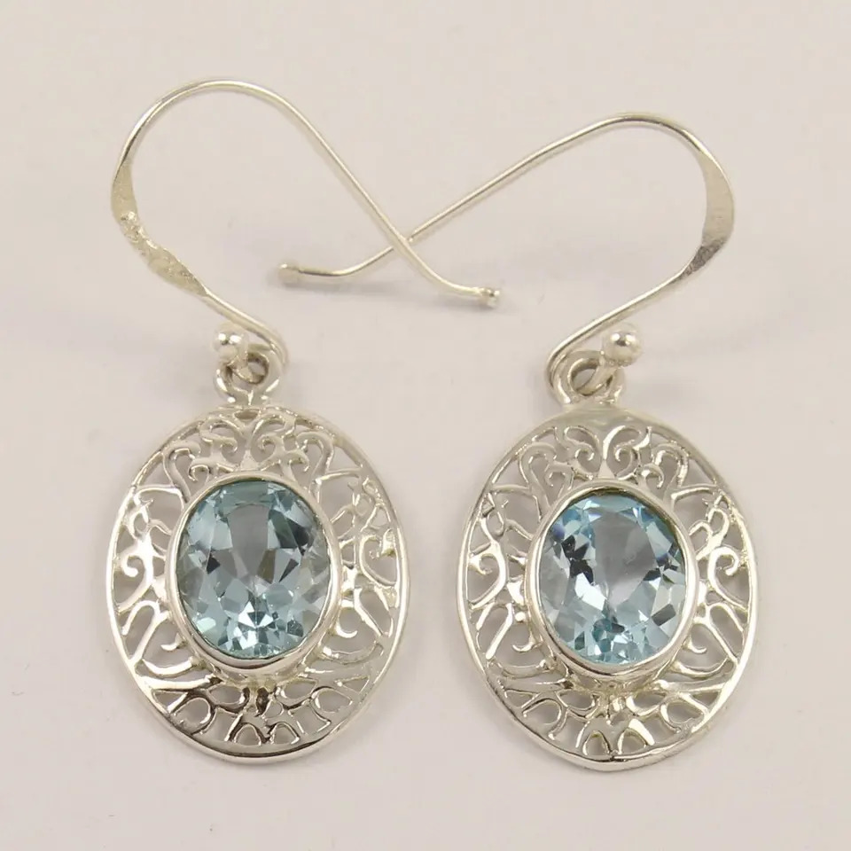 925 Sterling Silver Unique Blue Topaz Oval Shape Design Earrings