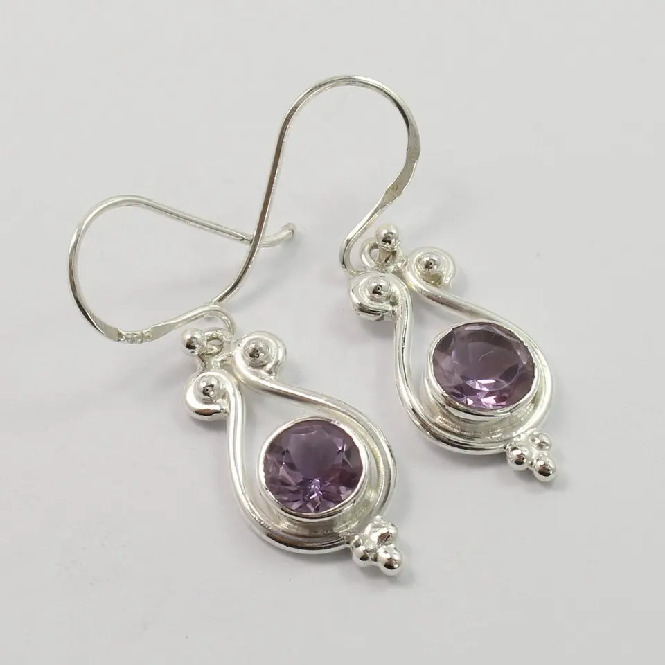 925 Sterling Silver Beautiful Natural Amethyst Round Designer Earrings