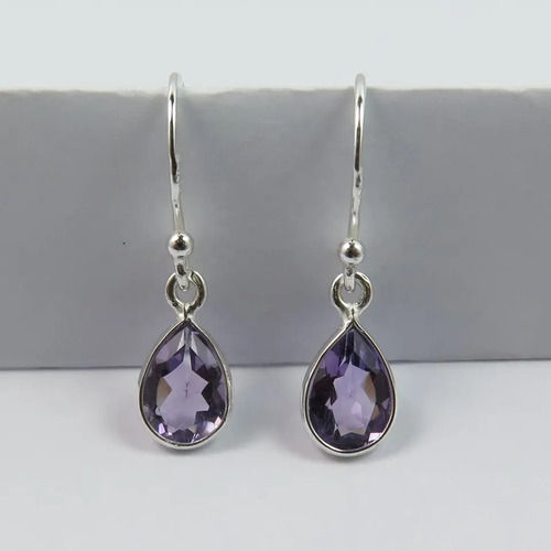 925 Sterling Silver Attractive Amethyst Pear Shape Drop Earrings