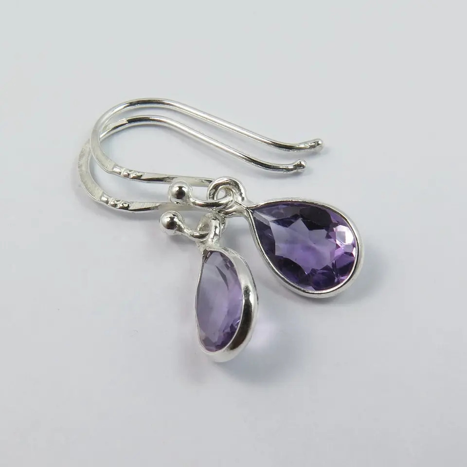 925 Sterling Silver Attractive Amethyst Pear Shape Drop Earrings