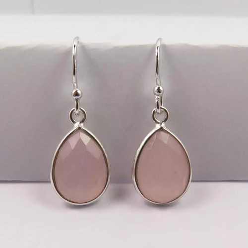 925 Sterling Silver Natural Pink Chalcedony Both Side Checker Faceted Gemstone Earrings