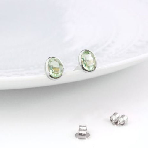 Green Amethyst Gemstone Oval Shape 8x12mm Gold Vermeil Bezel Stud