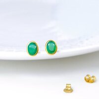 Green Onyx Gemstone Oval Shape 8x12mm Gold Vermeil Bezel Stud