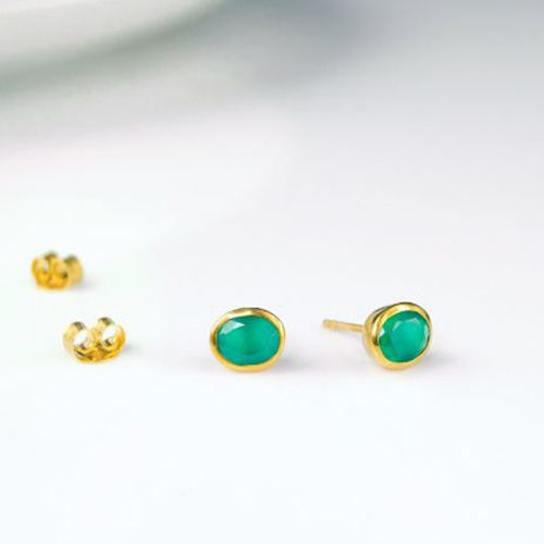 Green Onyx Gemstone Oval Shape 8x12mm Gold Vermeil Bezel Stud