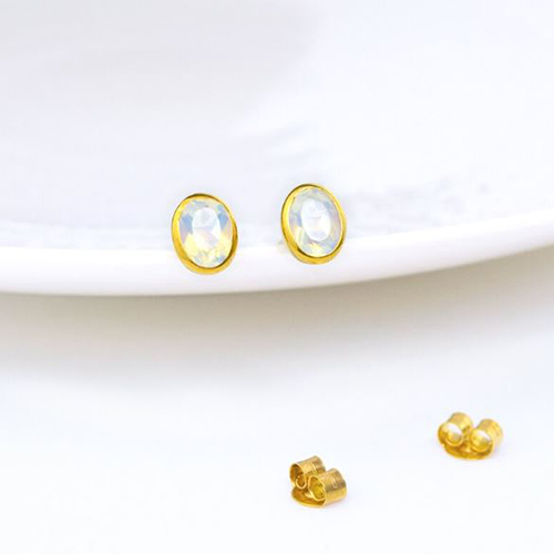 Opalite Quartz Gemstone Oval Shape 8x12mm Gold Vermeil Bezel Stud