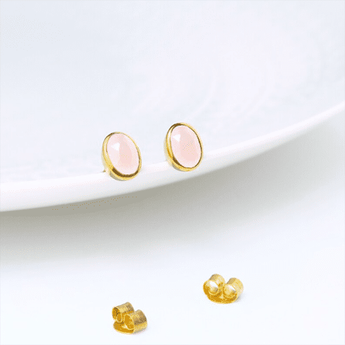 Pink Chalcedony Gemstone Oval Shape 8x12mm Gold Vermeil Bezel Stud