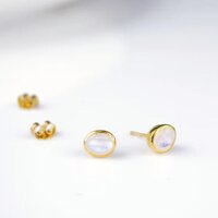 Rainbow Moonstone Gemstone Oval Shape 8x12mm Gold Vermeil Bezel Stud