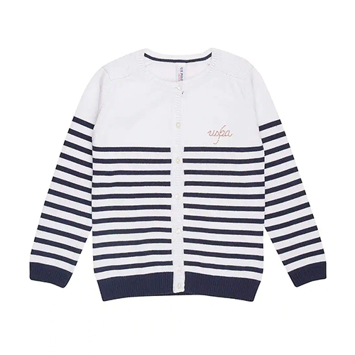 White-Blue Ladies Striped Ribbed Trim Cardigan
