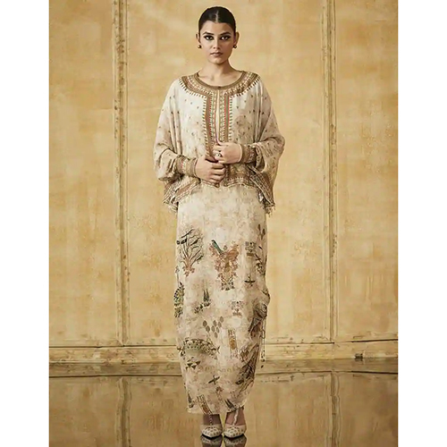 Brown Ladies Silk Georgette Printed Long Kurta With Churidar