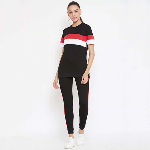 Ladies Round Neck Tracksuit - Cotton Material, Large Size, Black Color - Breathable, Washable, Short Sleeves, Striped Pattern