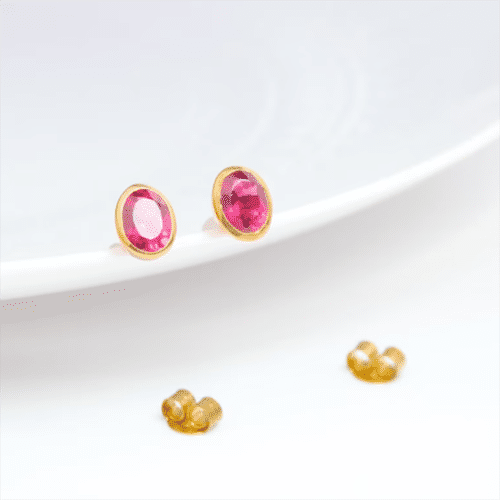 Ruby Quartz Gemstone Oval Shape 8x12mm Gold Vermeil Bezel Stud