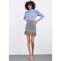 White-blue Ladies Fringed Mini Skirt
