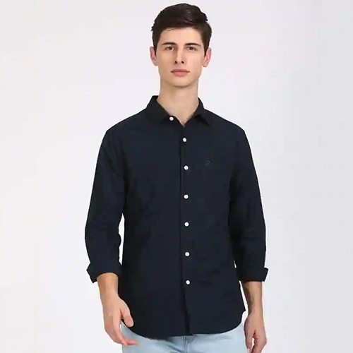 Breathable Mens Solid Casual Dark Blue Shirt