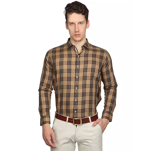 Brown Mens Checkered Slim Fit Formal Shirt